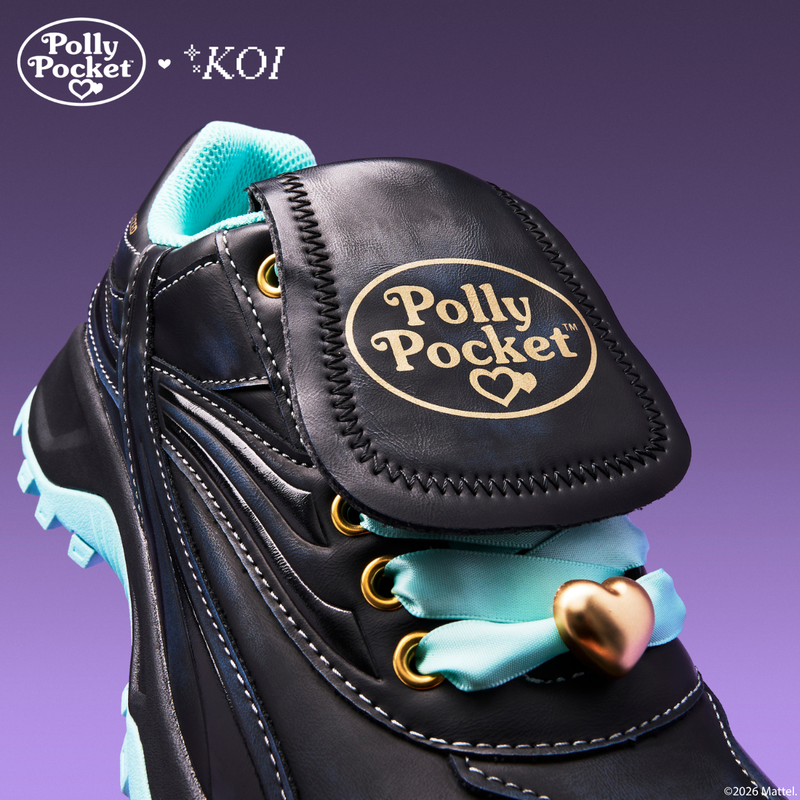 Black shoe with turquoise accents and 'Polly Pocket' logo on a purple background