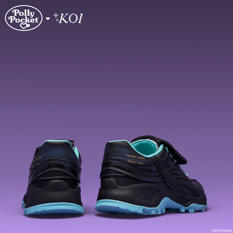 Pair of black and blue shoes with 'Polly Pocket' and 'Koi' branding on a purple background.