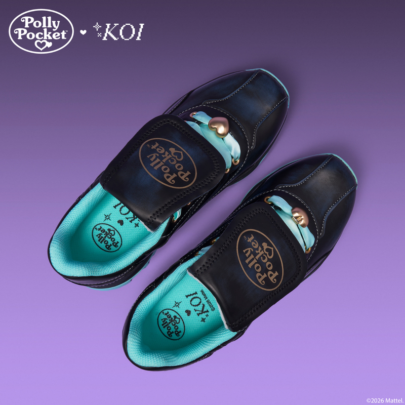 Pair of black and teal shoes with 'Polly Pocket' branding on a purple background