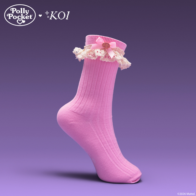 Pink sock with lace and bow detail on a purple background, featuring Polly Pocket branding.