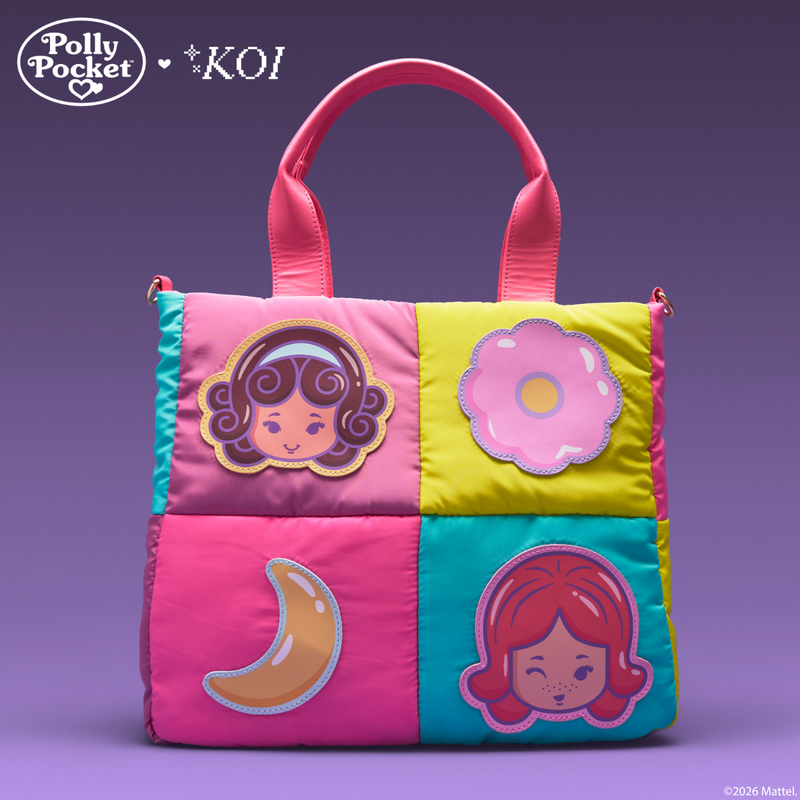 Colorful quilted bag with character patches on a purple background, featuring Polly Pocket branding.