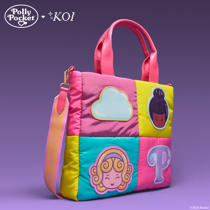 Colorful children's bag with cartoon characters on a purple background, featuring the Polly Pocket brand.