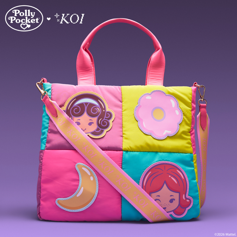 Colorful quilted bag with cartoon character patches on a purple background, featuring the Polly Pocket brand.