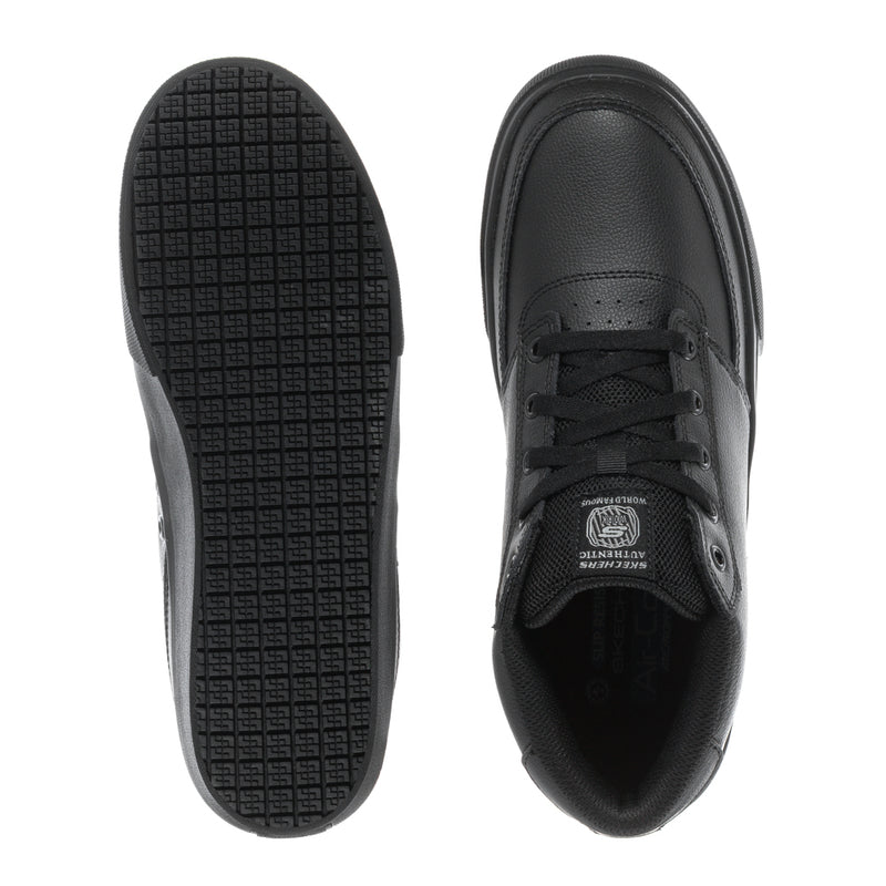 Men's Poppy SR black sneaker outsole tread and lace-up upper view, showing inner footbed