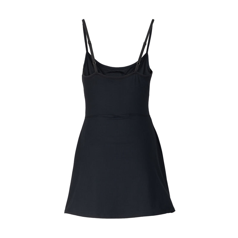 Black A-line dress with spaghetti straps and scoop neck, fitted waist seam