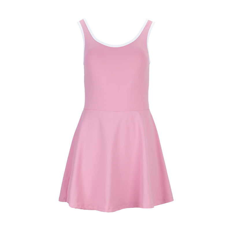 Rose pink sleeveless fit-and-flare dress with white-trim round neckline