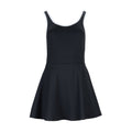 Black sleeveless power dress with white-trim scoop neck and flared skirt