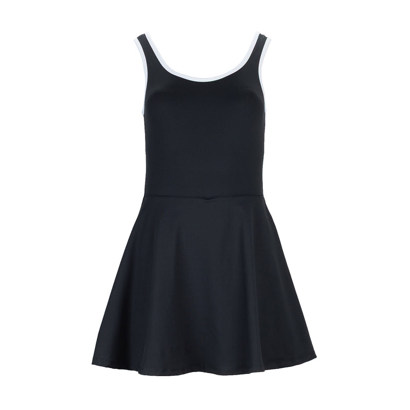 Black sleeveless power dress with white-trim scoop neck and flared skirt