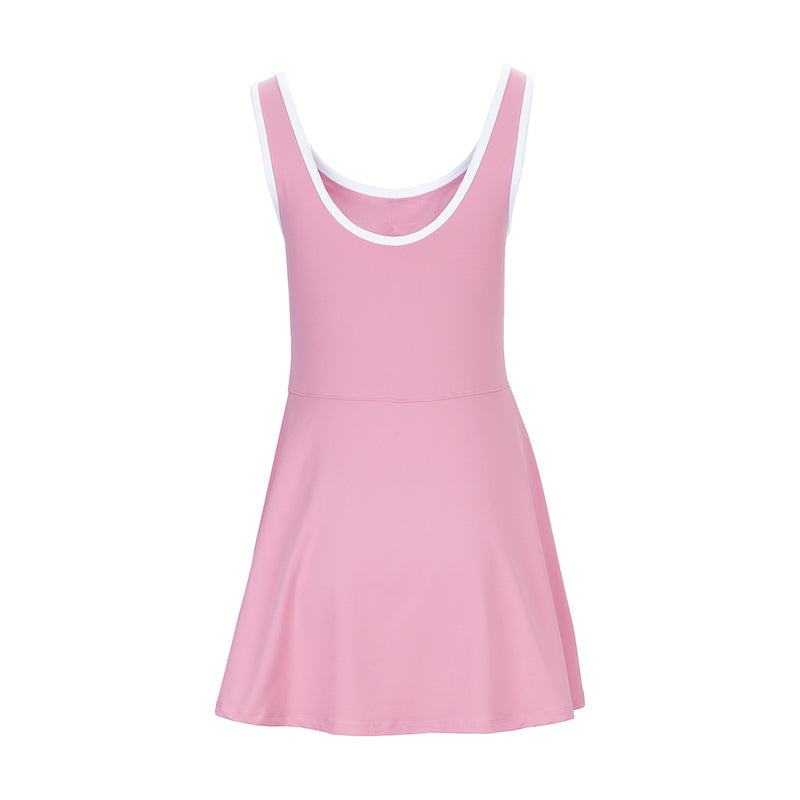 Rose pink sleeveless fit-and-flare dress with white-trim round neckline, front view