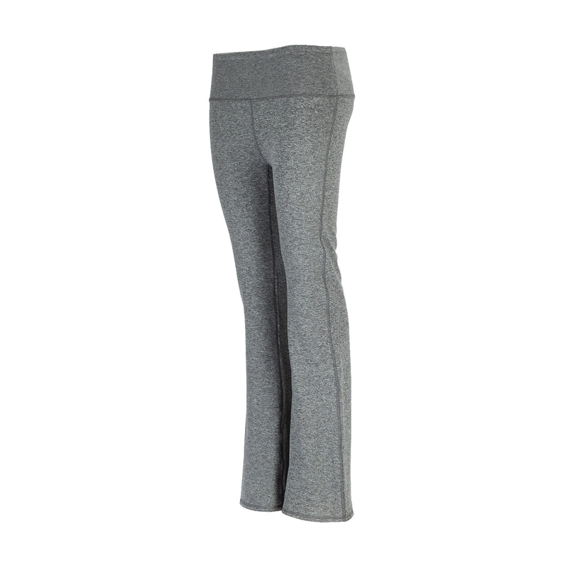 Women’s charcoal heather flare leggings, side view, wide waistband