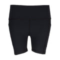 Women's black mid-thigh bike shorts, smooth waistband and seam detailing