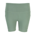 Sea spray green women's bike shorts, mid-thigh, elastic waistband, side pockets.