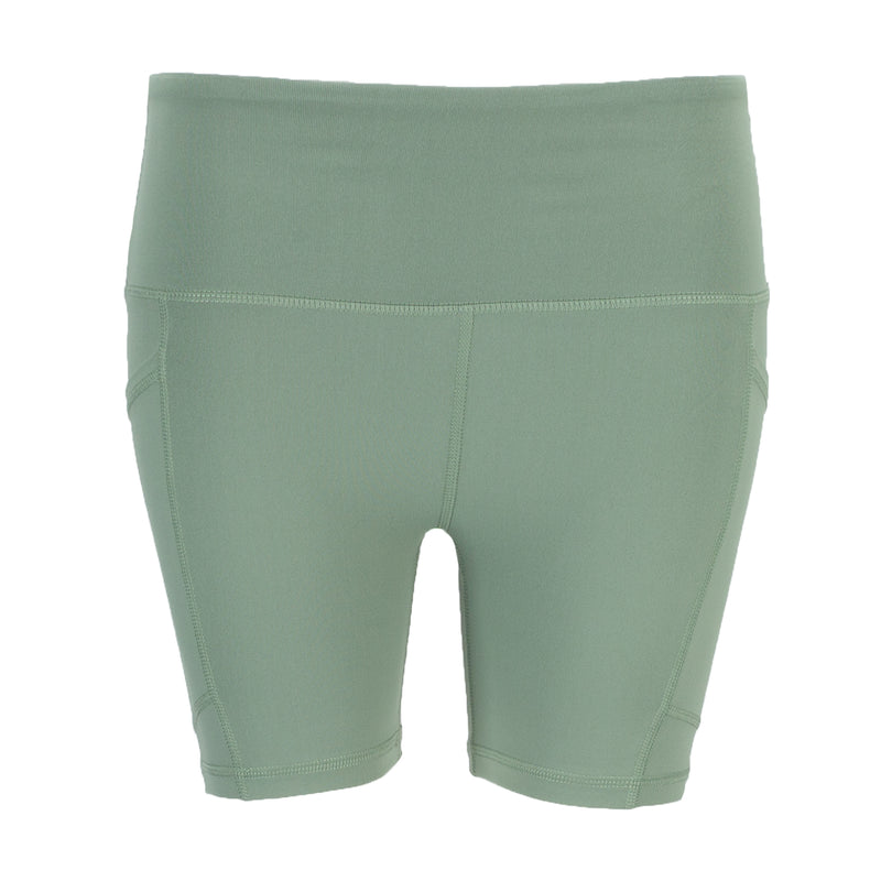 Sea spray green women's bike shorts, mid-thigh, elastic waistband, side pockets.