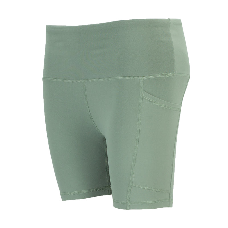 Sea spray green women's bike shorts with side pocket panel and stitched seams.