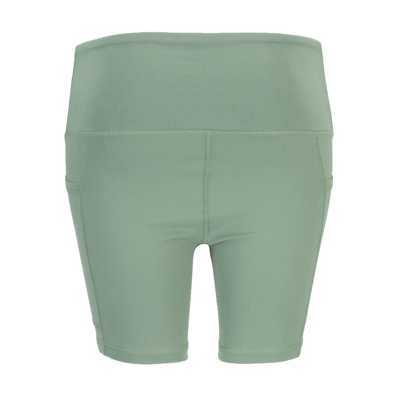 Sea spray green women's bike shorts, back view, mid-thigh length with elastic waistband.