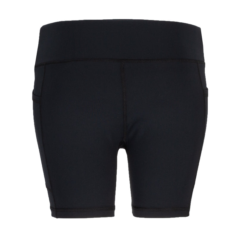 Women's black bike shorts, rear view with seam panels and elastic hem