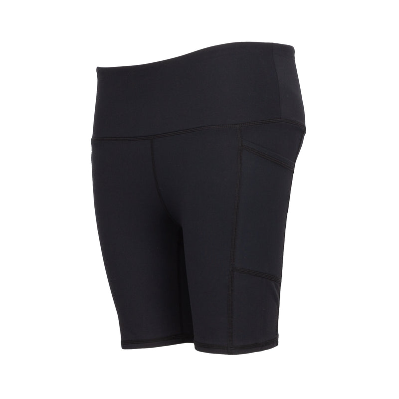 Women’s black high-waist bike shorts, angled view showing darker side panel