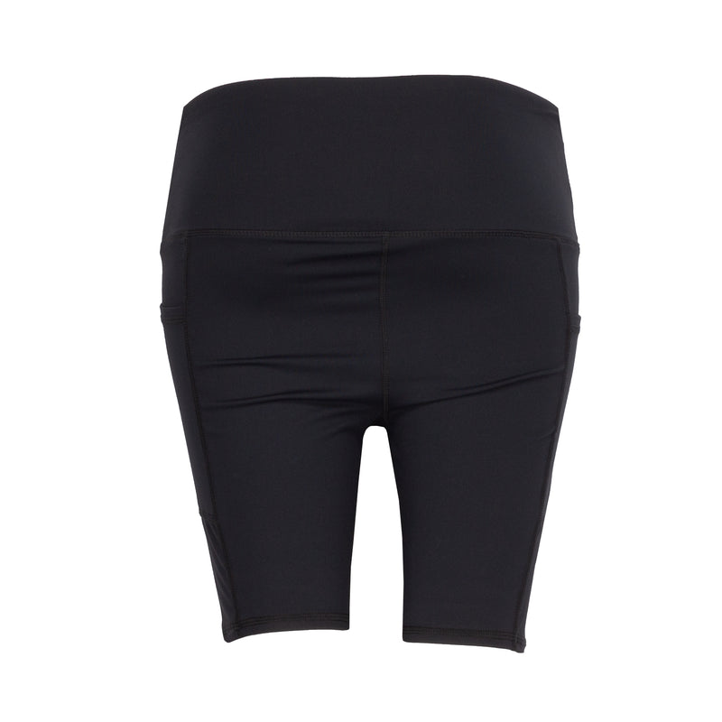 Women’s black high-waist bike shorts, back view with central seam and contoured panels