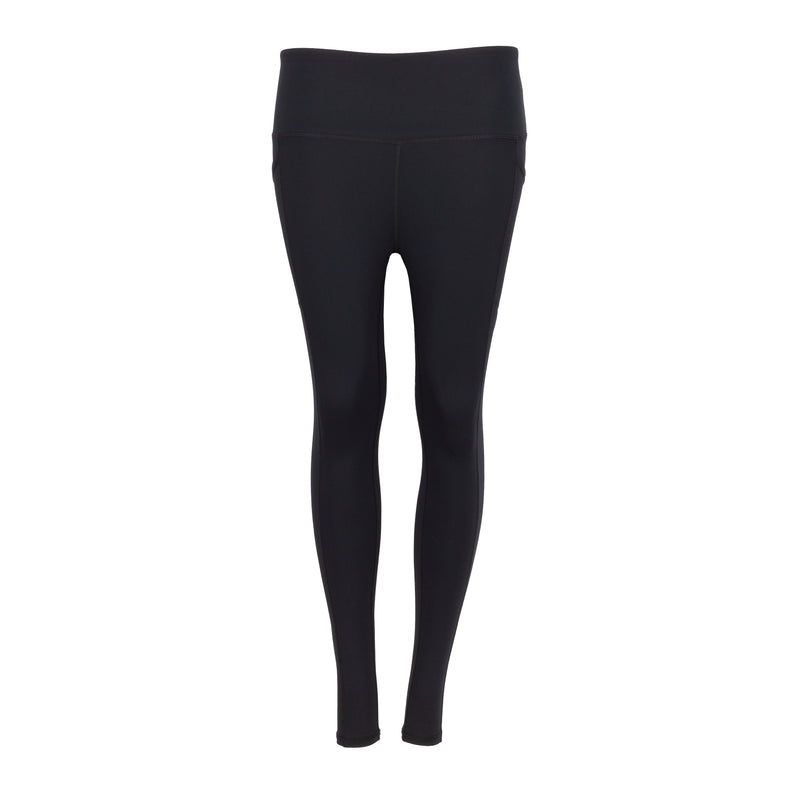 Women's black leggings, front view with smooth waistband and tapered leg