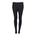 Women's black leggings, front view with smooth waistband and tapered leg