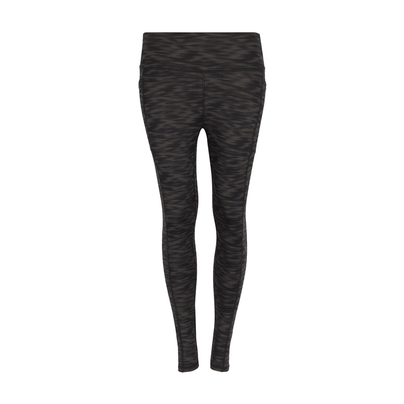 Women's full-length black patterned leggings with wide waistband