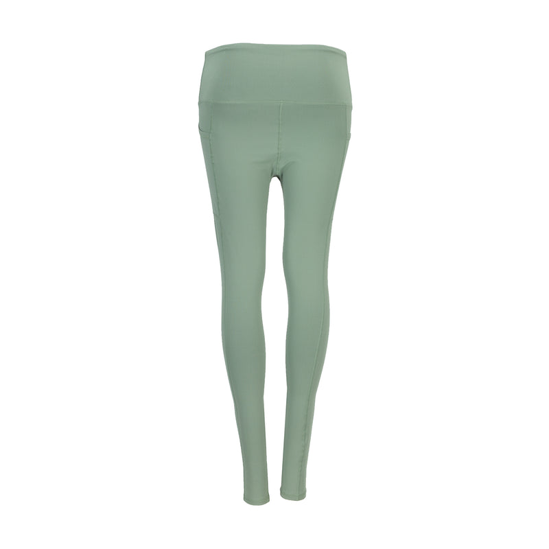 Womens high-waist sea spray green leggings, close front view, full length.