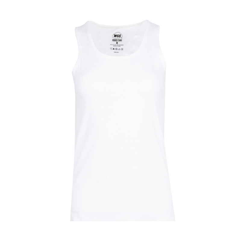 Women's white ribbed tank top, scoop neck sleeveless