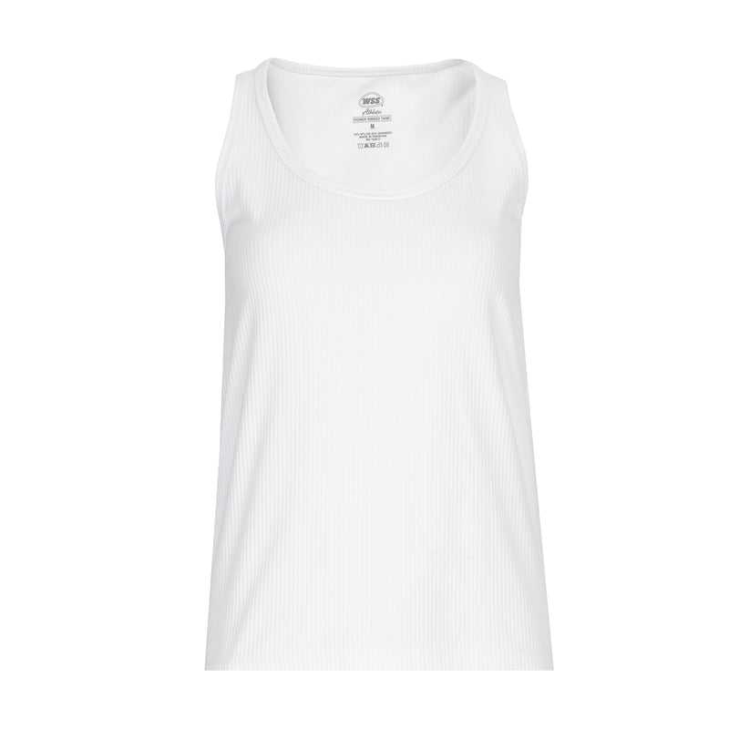 Women's white ribbed tank top with scoop neck and wide straps