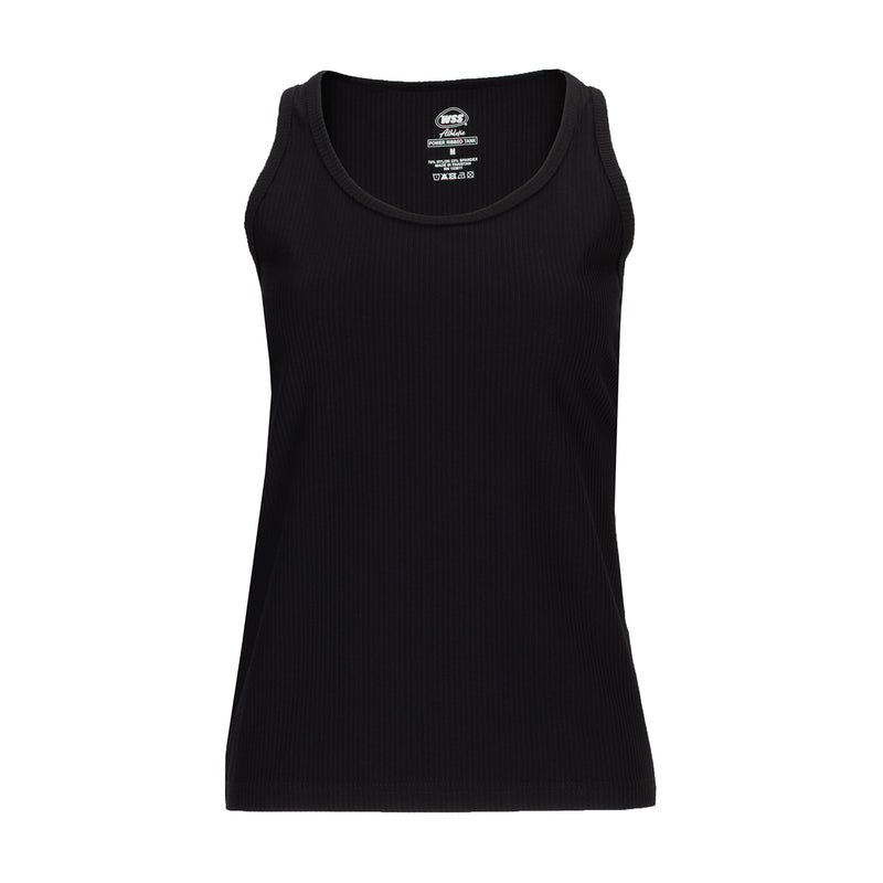 Women's black ribbed power tank top, crew neckline, sleeveless