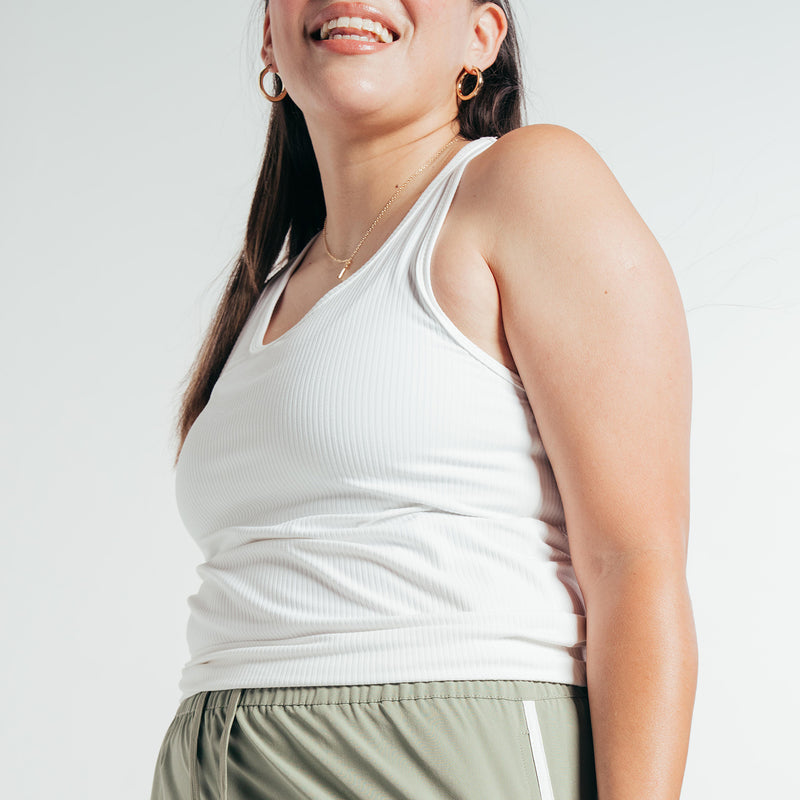 Women's white ribbed tank top, scoop neck and wide shoulder straps