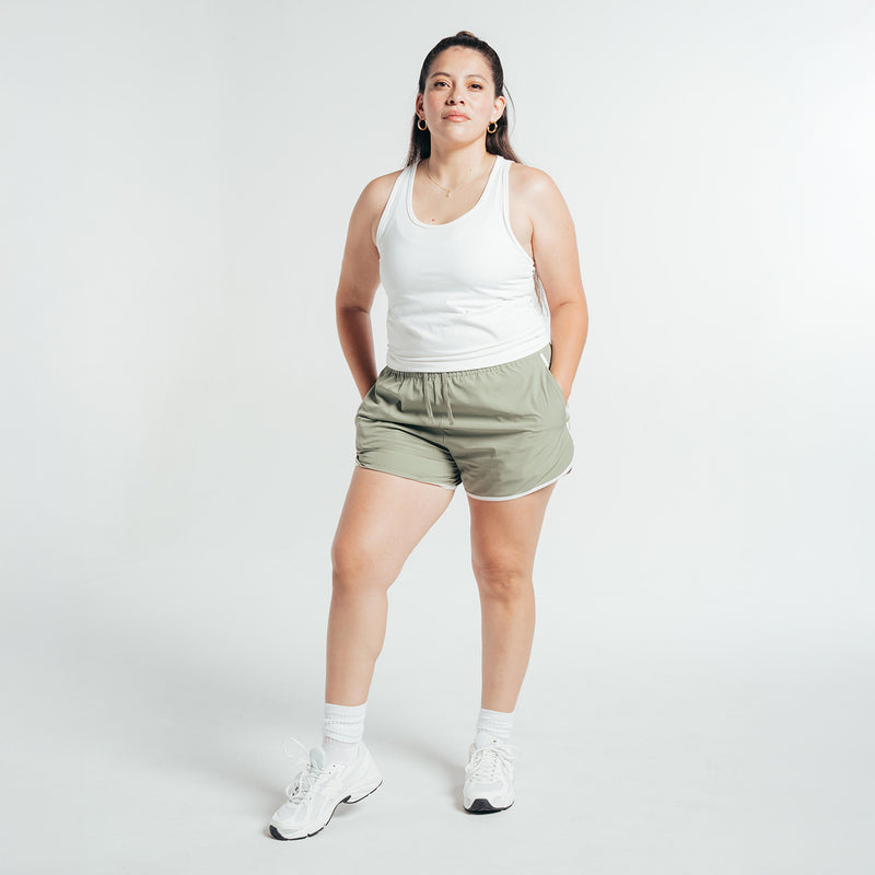 Women's white ribbed tank top, sleeveless scoop neck and wide straps