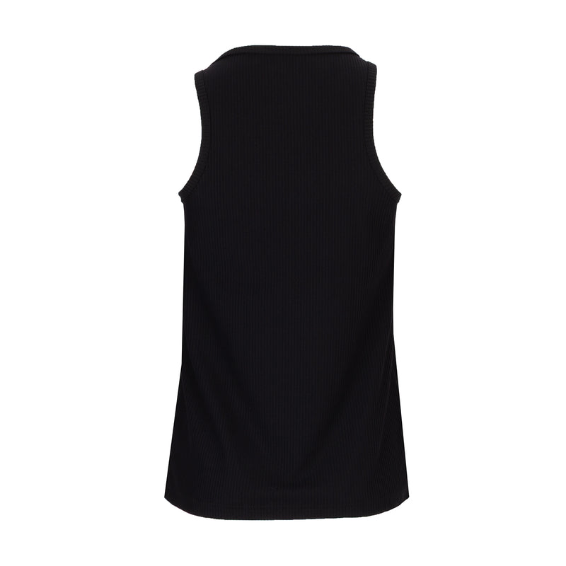Women's black ribbed sleeveless tank top, straight back view