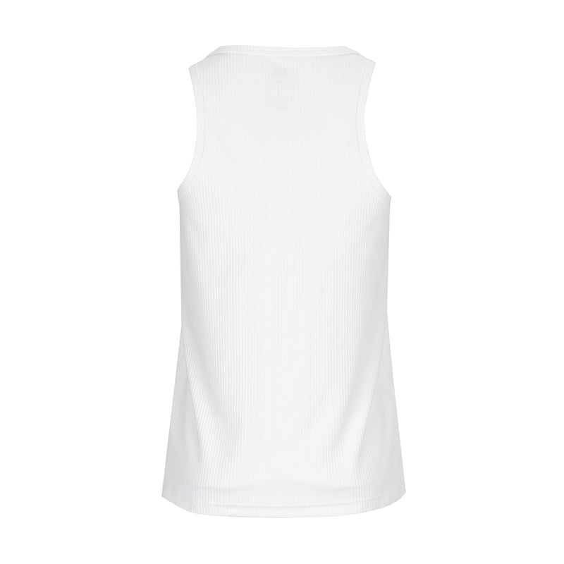 Women's white ribbed tank top, sleeveless back view