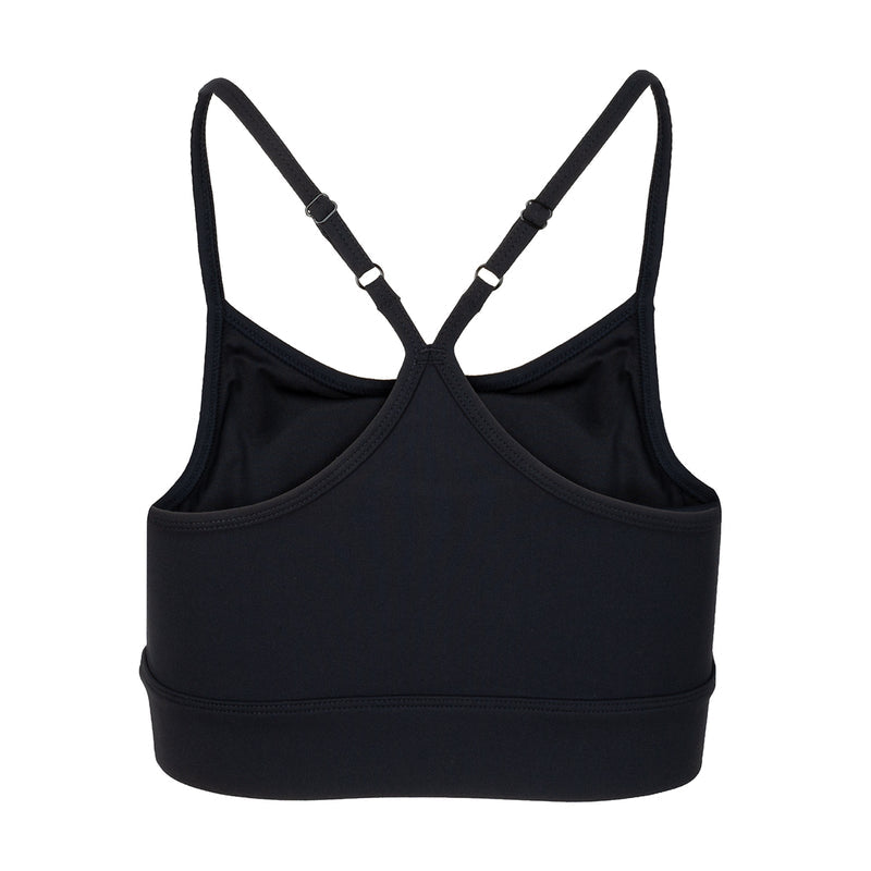 Women's black sports bra front view with wide elastic underband