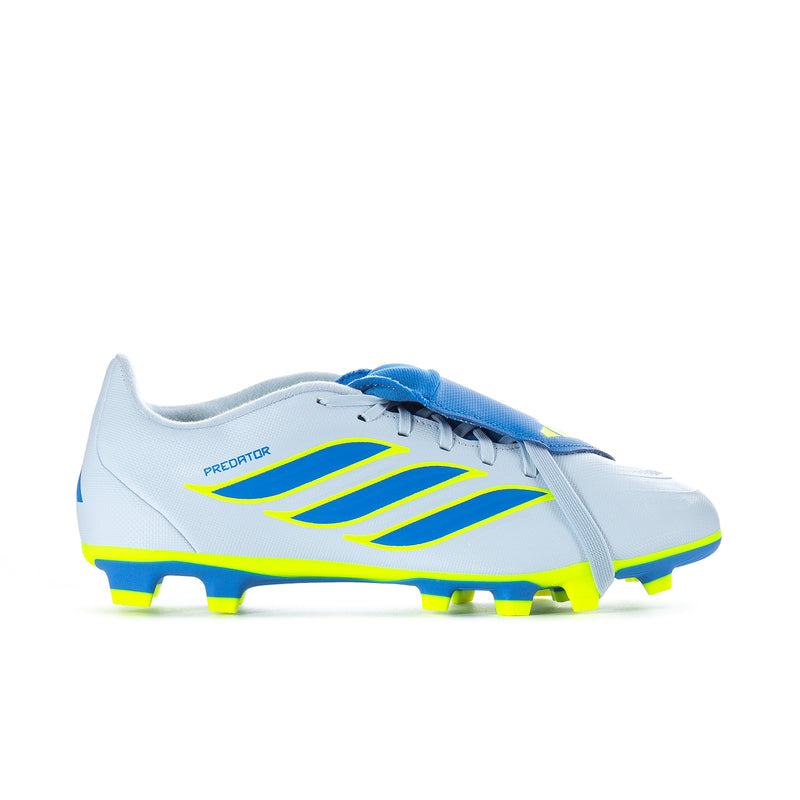 Men's soccer cleat, white with blue and neon yellow accents, FG/MG style studs
