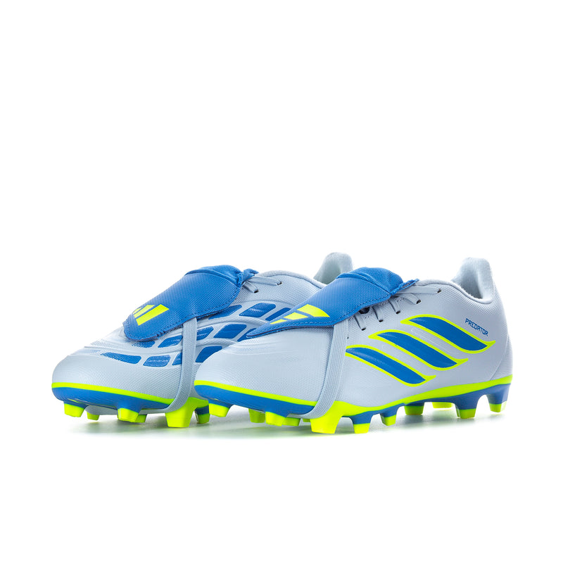 Men's soccer cleat pair, white with blue top panels and neon yellow outsole studs