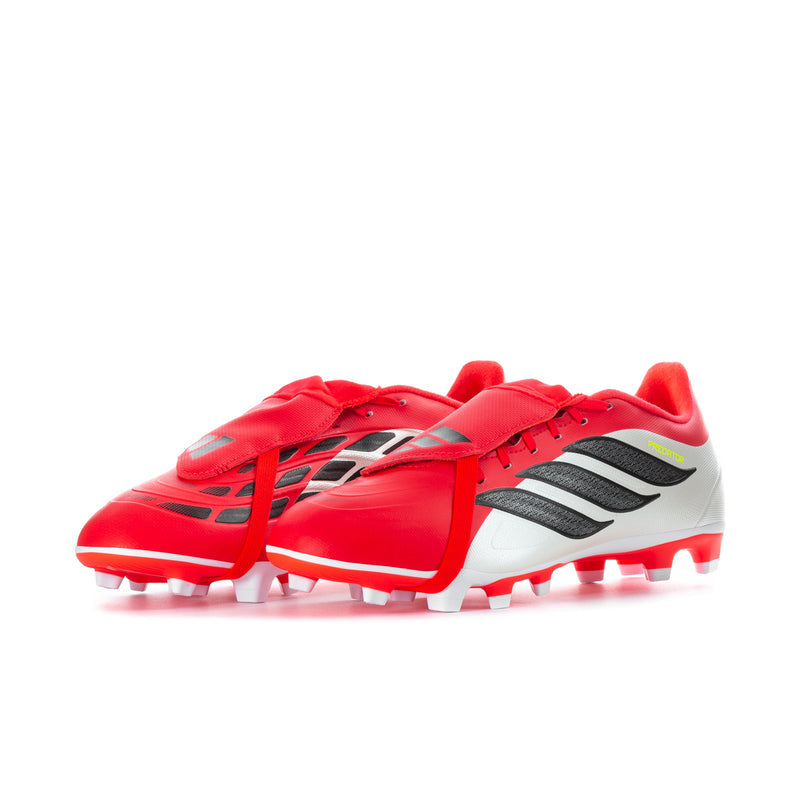 Men's soccer cleats, red with white panels and black stripes, lace-up FG studs