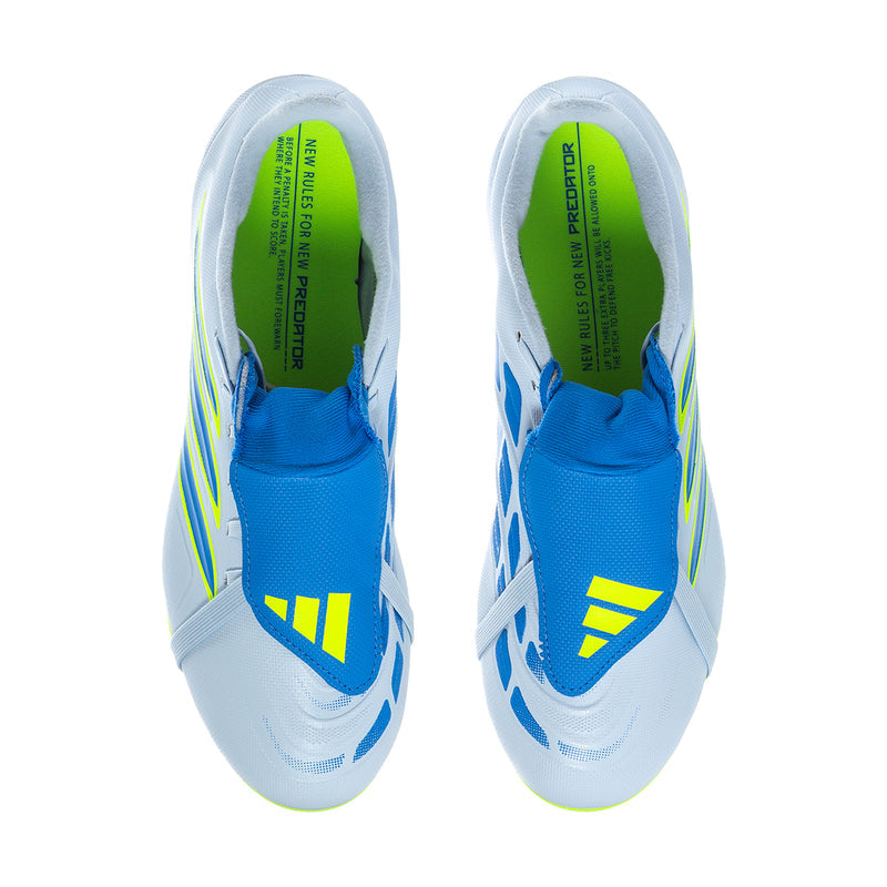 Men's soccer cleats showing green interior lining and blue-and-yellow side graphics