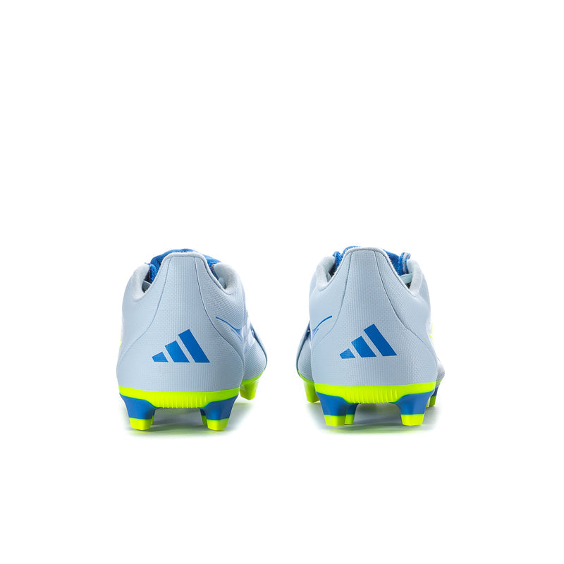 Men's soccer cleats heel view, white uppers with blue details and neon yellow back