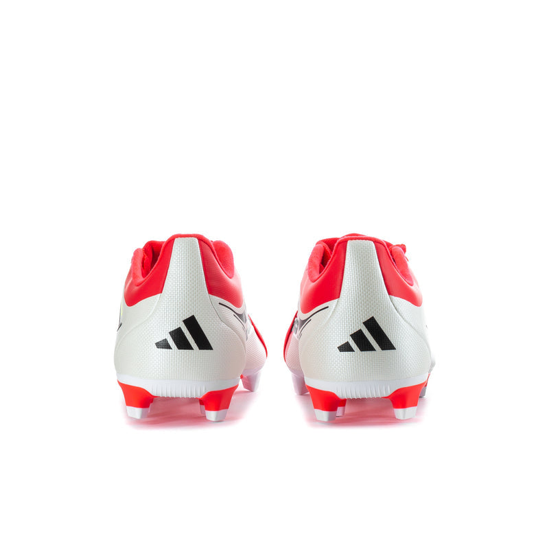 Men's soccer cleats rear view: red heels, white uppers, black heel detailing