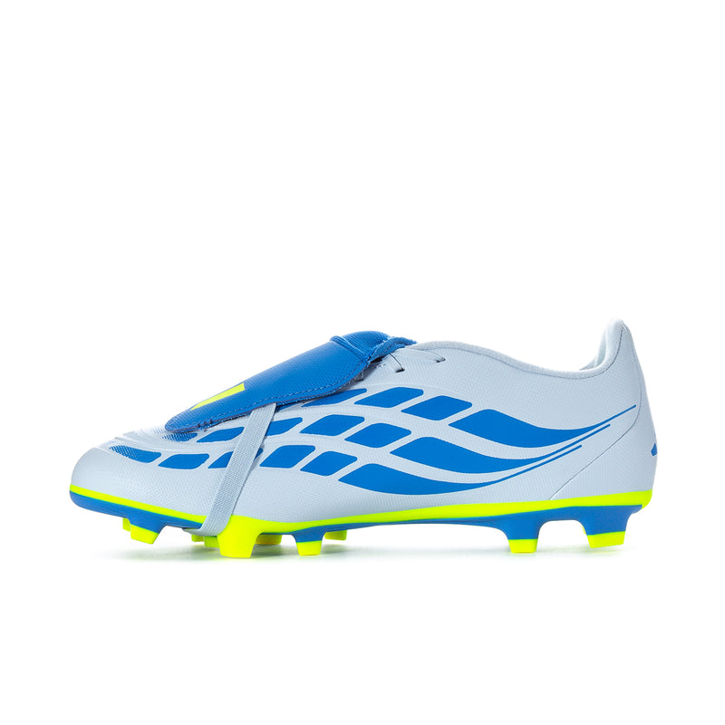Men's soccer cleat side view, white upper with blue strap and neon yellow detailing