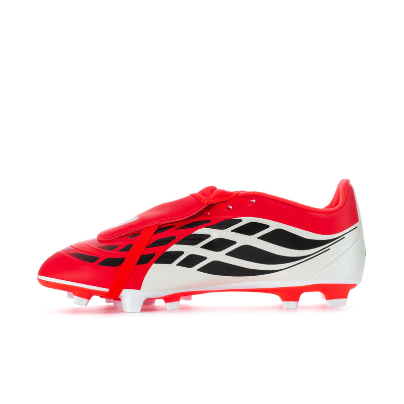 Men's soccer cleats lateral side, red and white with black logo stripes, firm ground