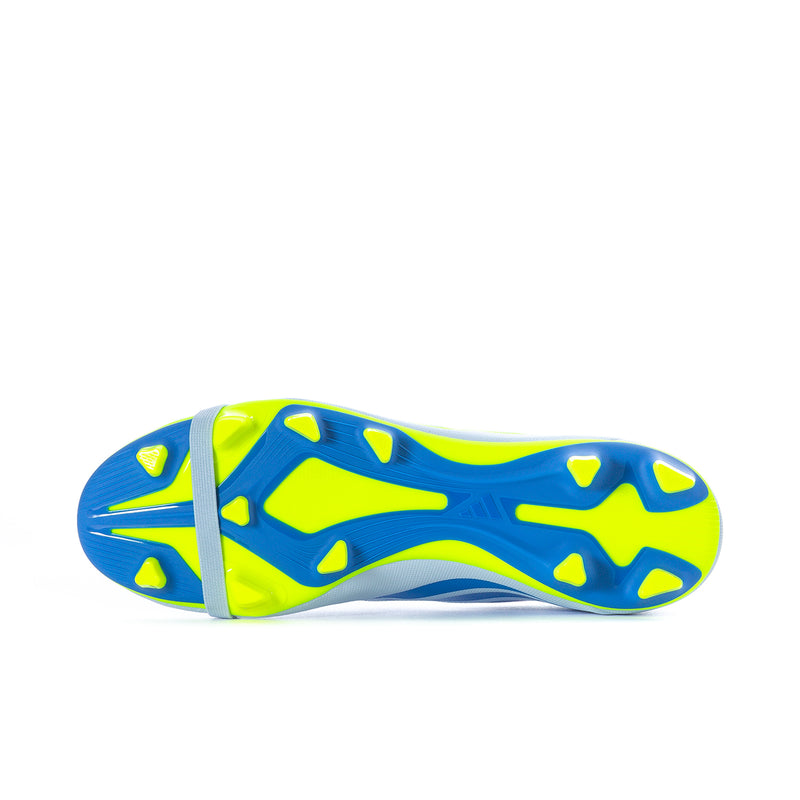 Men's soccer cleat outsole, blue and neon yellow traction studs on white base