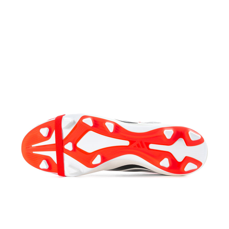 Men's soccer cleats outsole, white with red traction pads and molded studs