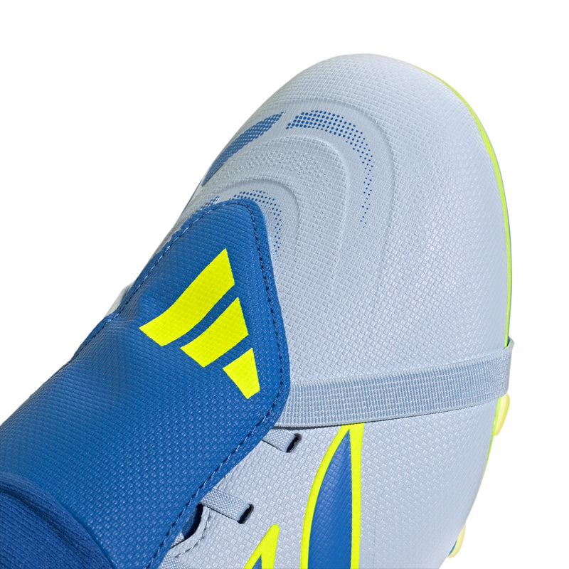 Men's soccer cleat close-up on blue upper panel with neon yellow logo and stitching