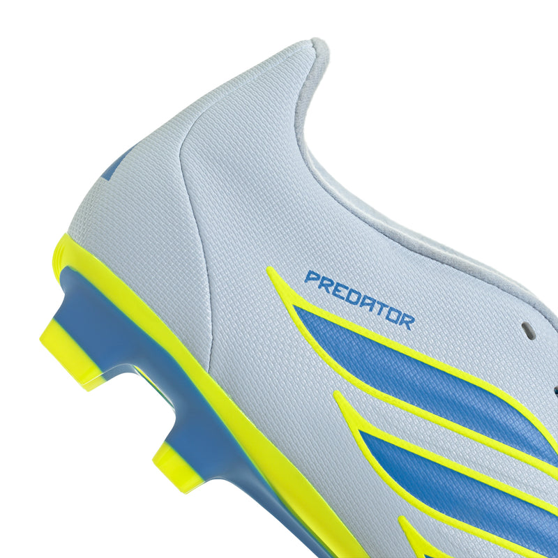 Men's soccer cleat close-up, 'PREDATOR' text on white upper with blue and neon yellow