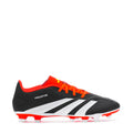 Men’s soccer cleat side view, black upper with white stripes and orange-red laces