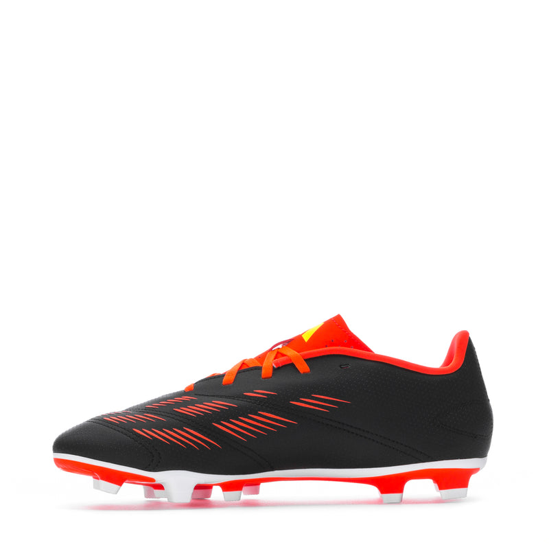 Men’s soccer cleat front/side view, black with orange-red accents and red cleat studs
