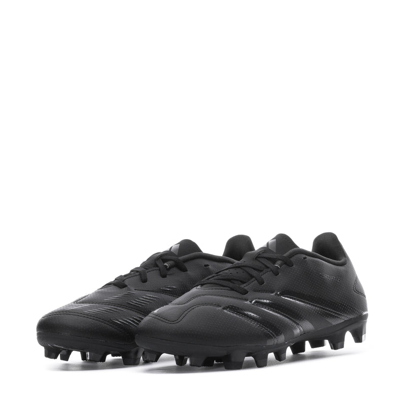 Men's black soccer cleats with glossy panel accents and molded traction studs