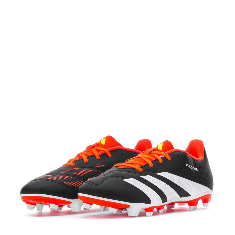 Pair of men’s soccer cleats, black with white stripes, orange-red laces and red studs
